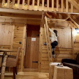 Cabane en bois chaleureuse avec mezzanine, escalier en bois et ambiance conviviale.