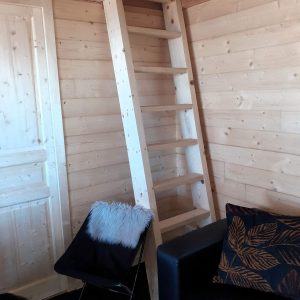 Cabane en bois avec échelle, intérieur chaleureux et moderne en Provence-Alpes-Côte dAzur.