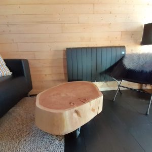 Hébergement insolite en bois avec un mobilier en bois brut et un coin salon cosy.