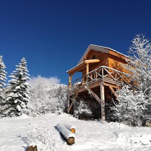 Cabane sur pilotis en bois, entourée de neige et de sapins en Provence-Alpes-Côte dAzur.