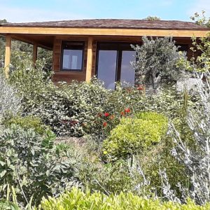 Cabane en bois entourée de verdure et de fleurs colorées à Languedoc-Roussillon.