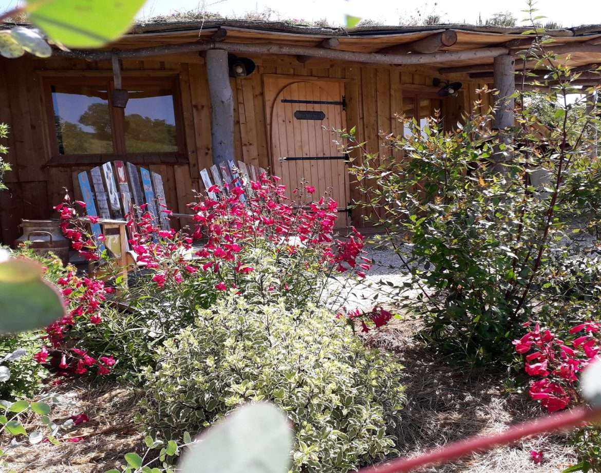 Cabane en bois entourée de fleurs colorées dans le Languedoc-Roussillon.