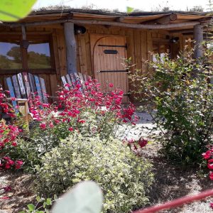 Cabane en bois entourée de fleurs colorées dans le Languedoc-Roussillon.
