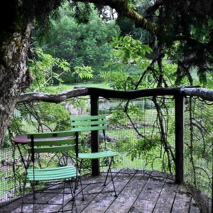 Cabane perchée en Auvergne-Rhône-Alpes avec terrasse en bois et chaises vertes.