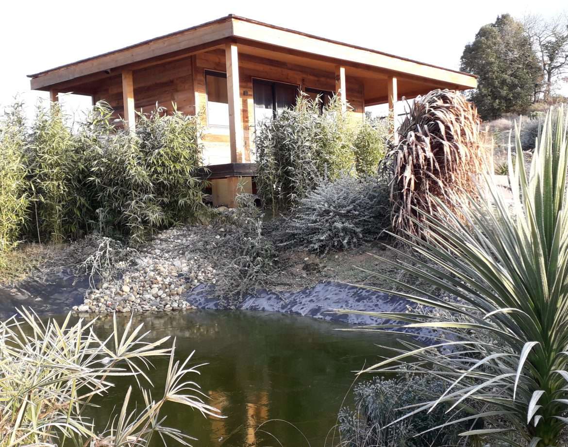 Cabane en bois au bord dun étang, entourée de bambous et de plantes exotiques.