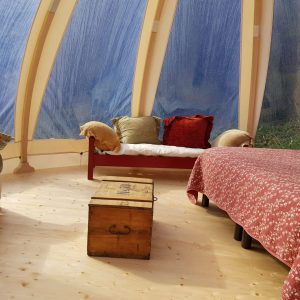 Hébergement insolite en Auvergne-Rhône-Alpes, intérieur lumineux avec lits et coffre en bois.