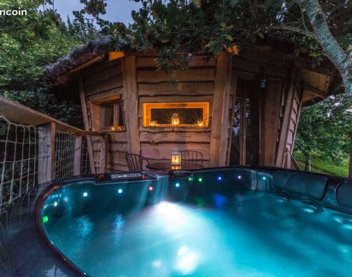Cabane en bois avec jacuzzi lumineux, nichée dans la verdure à Midi-Pyrénées.
