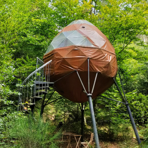 Hébergement insolite en forme dœuf, perché dans les arbres en pleine nature.
