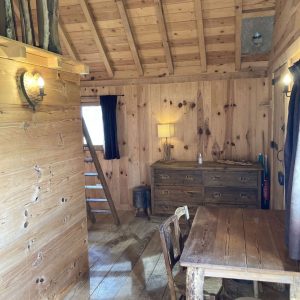 Cabane en bois dans le Languedoc-Roussillon, intérieur chaleureux avec mobilier rustique.