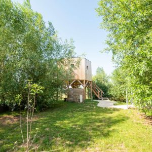 Cabane perchée en bois entourée darbres, offrant un cadre naturel apaisant.