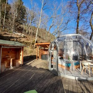Hébergement insolite en bulle transparente, entouré darbres, avec terrasse en bois.