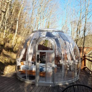 Hébergement insolite en bulle transparente, entouré darbres en Auvergne-Rhône-Alpes.