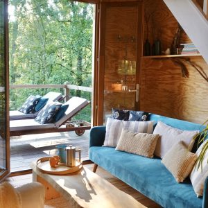 Cabane en bois avec terrasse, salon lumineux et vue sur la nature verdoyante.