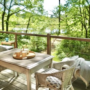 Cabane en bois avec terrasse, vue sur la nature verdoyante et le lac.
