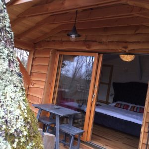 Cabane en bois en Aquitaine avec terrasse et vue sur la nature environnante.