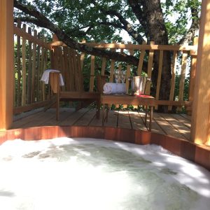 Cabane perchée en Aquitaine avec jacuzzi et vue sur la nature environnante.