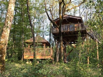 Cabane perchée en bois dans les arbres, entourée de verdure luxuriante en Aquitaine.