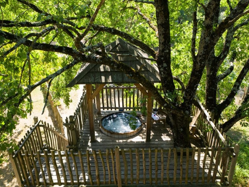 Cabane perchée en Aquitaine avec jacuzzi, entourée darbres verdoyants.