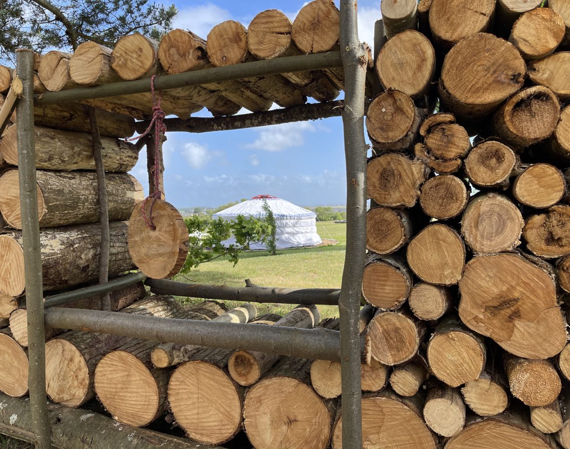 Yourte en Bretagne, vue à travers un cadre de rondins de bois. Nature apaisante.