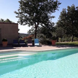 Hébergement insolite avec piscine, entouré de verdure et darbres en Languedoc-Roussillon.