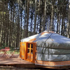Yourte colorée en bois, nichée dans la forêt dAuvergne, avec une terrasse accueillante.