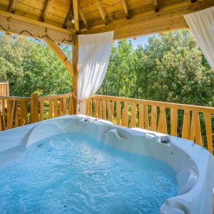 Hébergement insolite en Aquitaine avec jacuzzi sur une terrasse boisée entourée de verdure.