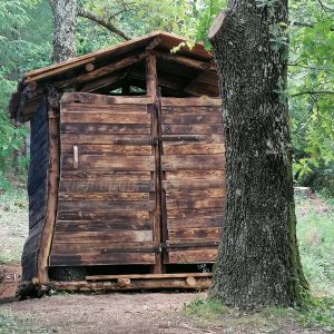 Cabane en bois rustique, nichée dans la verdure du Languedoc-Roussillon.