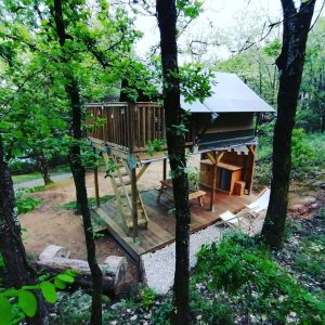 Cabane perchée en bois entourée darbres, offrant un cadre naturel apaisant.