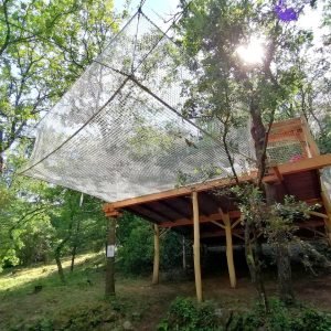 Cabane perchée dans les arbres, entourée de verdure et protégée par un filet.