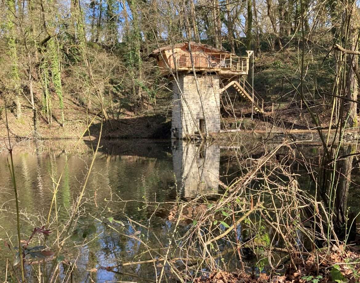 Cabane perchée au bord dun étang, entourée de verdure et de calme naturel.