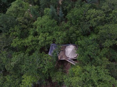 Cabane perchée dans les arbres, entourée dune dense forêt verdoyante.