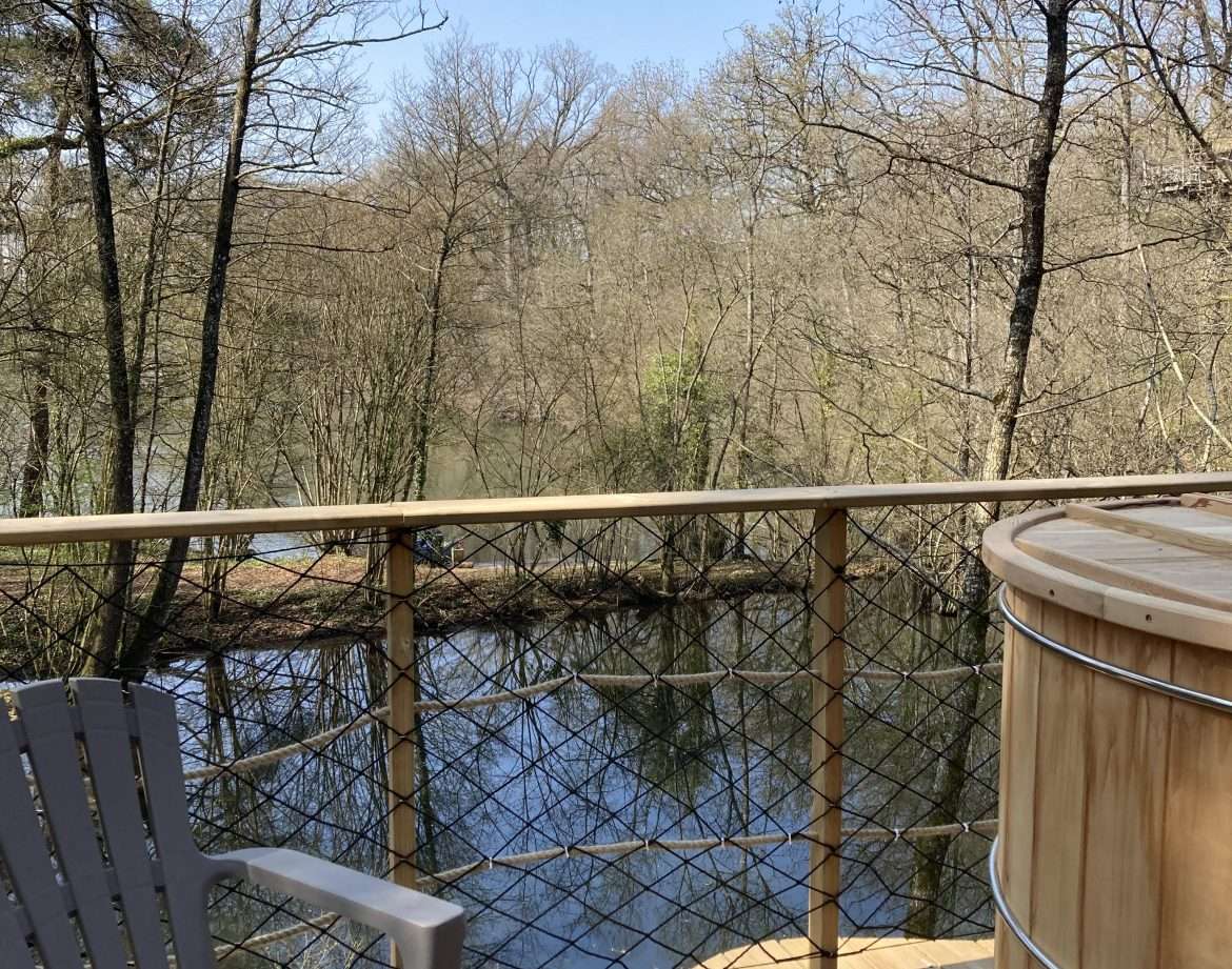 Cabane perchée dans les arbres avec vue sur un lac paisible et nature environnante.