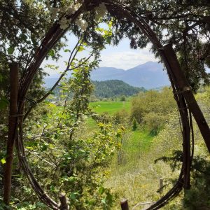 Hébergement insolite en cabane, vue panoramique sur les montagnes verdoyantes.