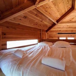 Chalet en bois chaleureux avec lit douillet et vue sur la nature.