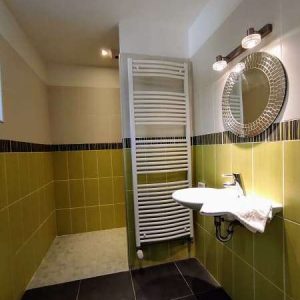 Salle de bain moderne dun hébergement insolite, carrelage vert et noir élégant.