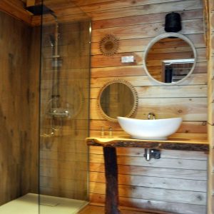 Salle de bain en bois dans un hébergement insolite en Auvergne-Rhône-Alpes.