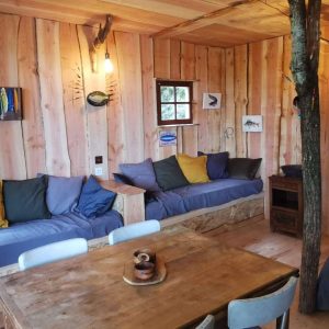 Cabane en bois à Nouvelle-Aquitaine, intérieur chaleureux avec canapés colorés.