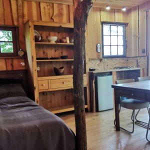 Cabane en bois à Nouvelle-Aquitaine, avec lit douillet et coin repas lumineux.