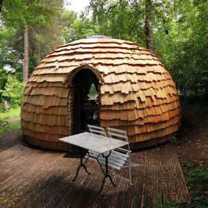 Hébergement insolite en forme de dôme avec un toit en bois, entouré de verdure.