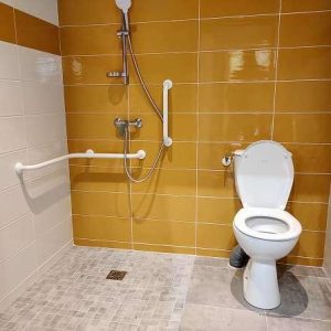 Salle de bain moderne dun hébergement insolite avec douche et toilettes.