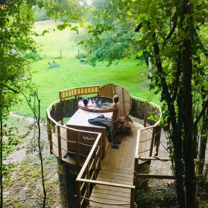 Cabane perchée dans les arbres avec jacuzzi, entourée de verdure apaisante.