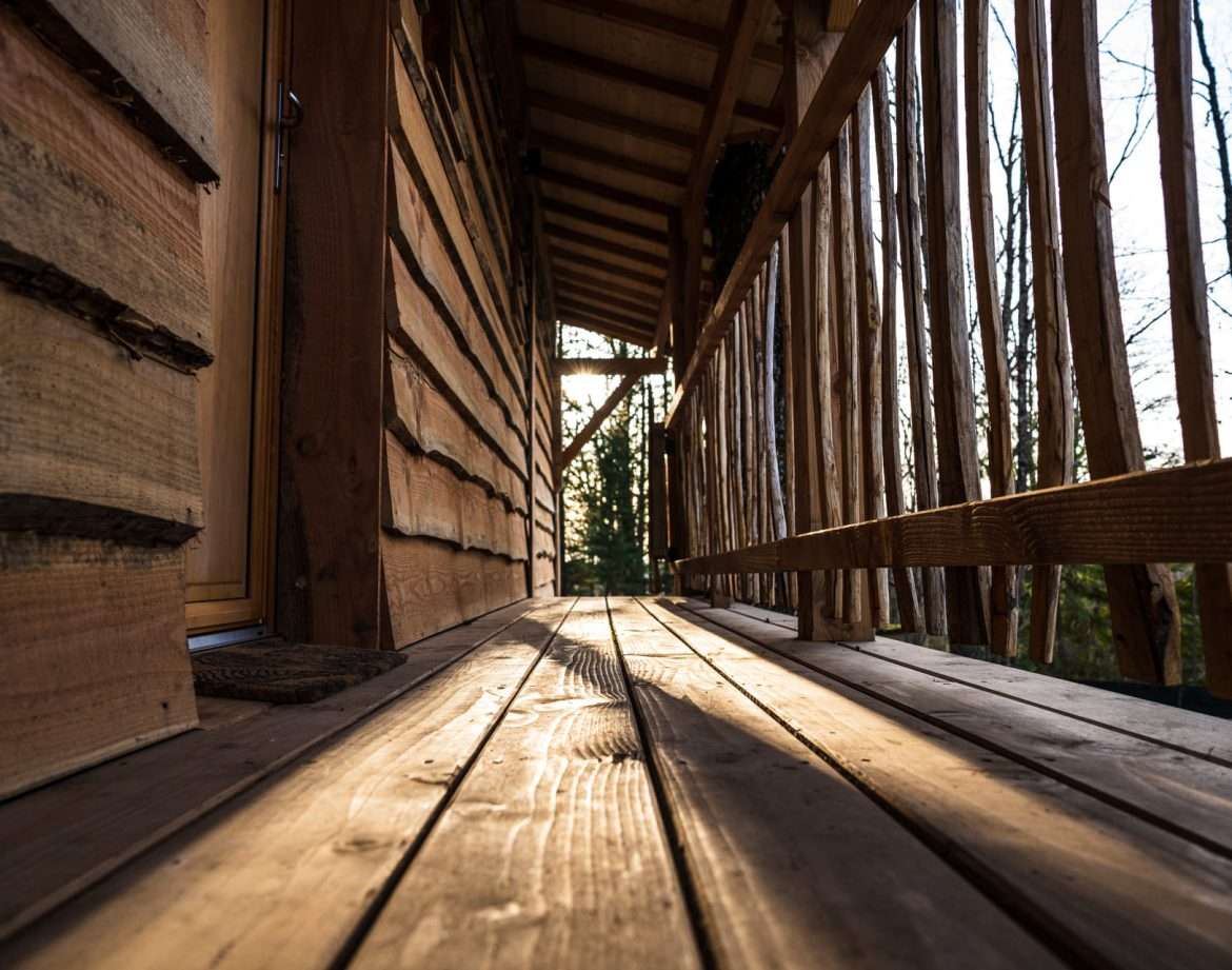 Cabane en bois avec un chemin en planches, baignée de lumière dorée.