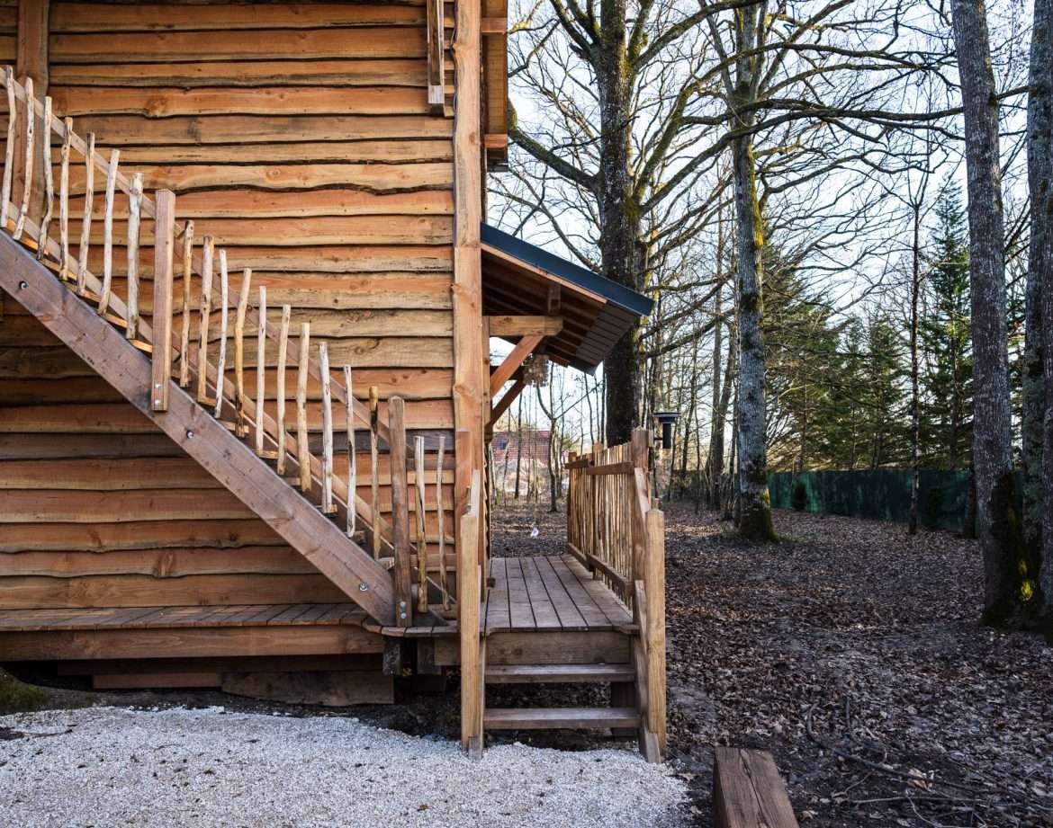 Cabane en bois perchée, entourée darbres, avec un escalier en bois rustique.