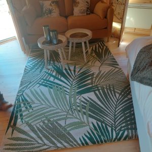 Hébergement insolite en bois avec un salon cosy et un tapis tropical.
