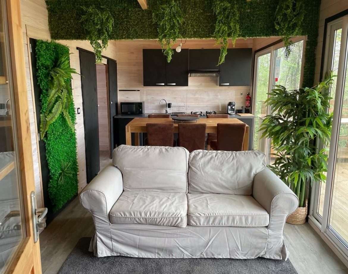 Hébergement insolite en Midi-Pyrénées : chalet moderne avec plantes vertes et cuisine équipée.