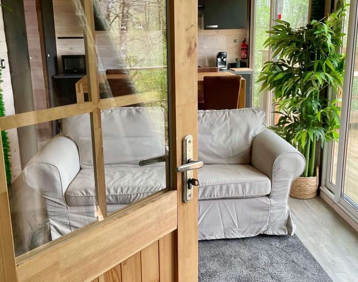 Hébergement insolite en Midi-Pyrénées : un salon lumineux avec canapé et verdure.