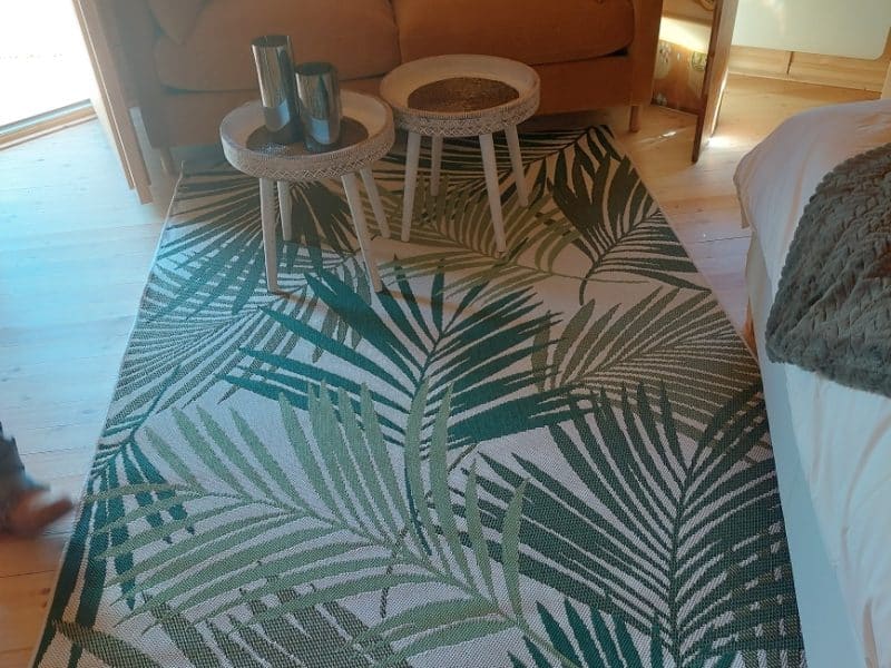 Chalet en bois avec un salon cosy, tapis tropical et canapé confortable.