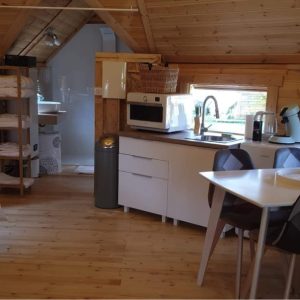 Hébergement insolite en cabane, intérieur en bois avec cuisine moderne et espace lumineux.