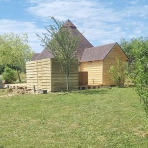 Cabane en bois avec toit en pointe, entourée de verdure et dun jardin paisible.