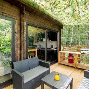 Cabane en bois avec terrasse, entourée de verdure, idéale pour un séjour nature.